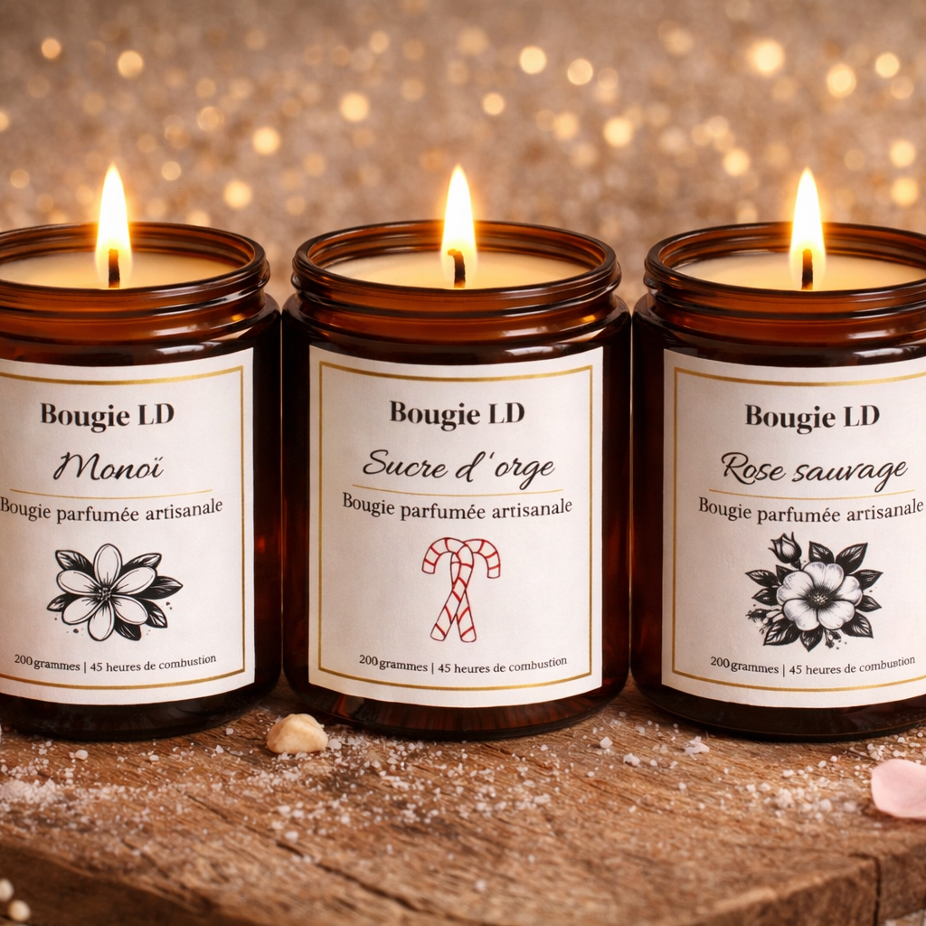 Coffret découverte 3 bougies -Monoi, rose sauvage et sucre d’orge